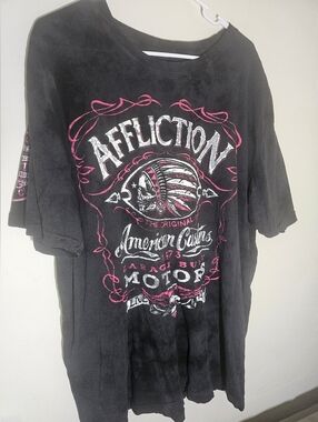 Vintage Y2k Men's 2XL Affliction MMA Black And Pink Indian Skull Double Sided T
